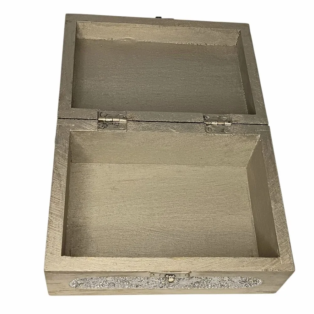 Sparkly Jewlery Box Silver With Sequins & Rhinestones Lightweight Wood 7 x 5 x 3